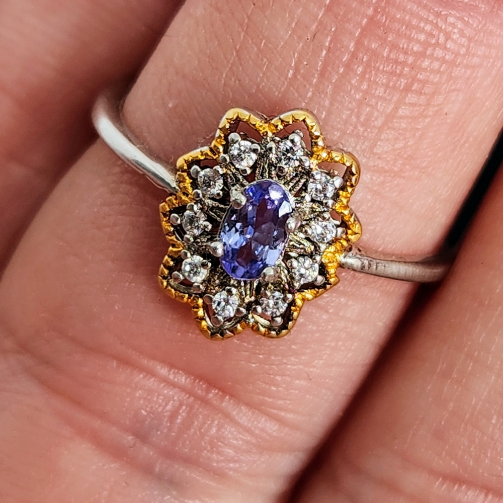 925 Sterling Silver Natural Blue Purplish Tanzanite Zirconia Diamonds Ring - Picture 5 of 10